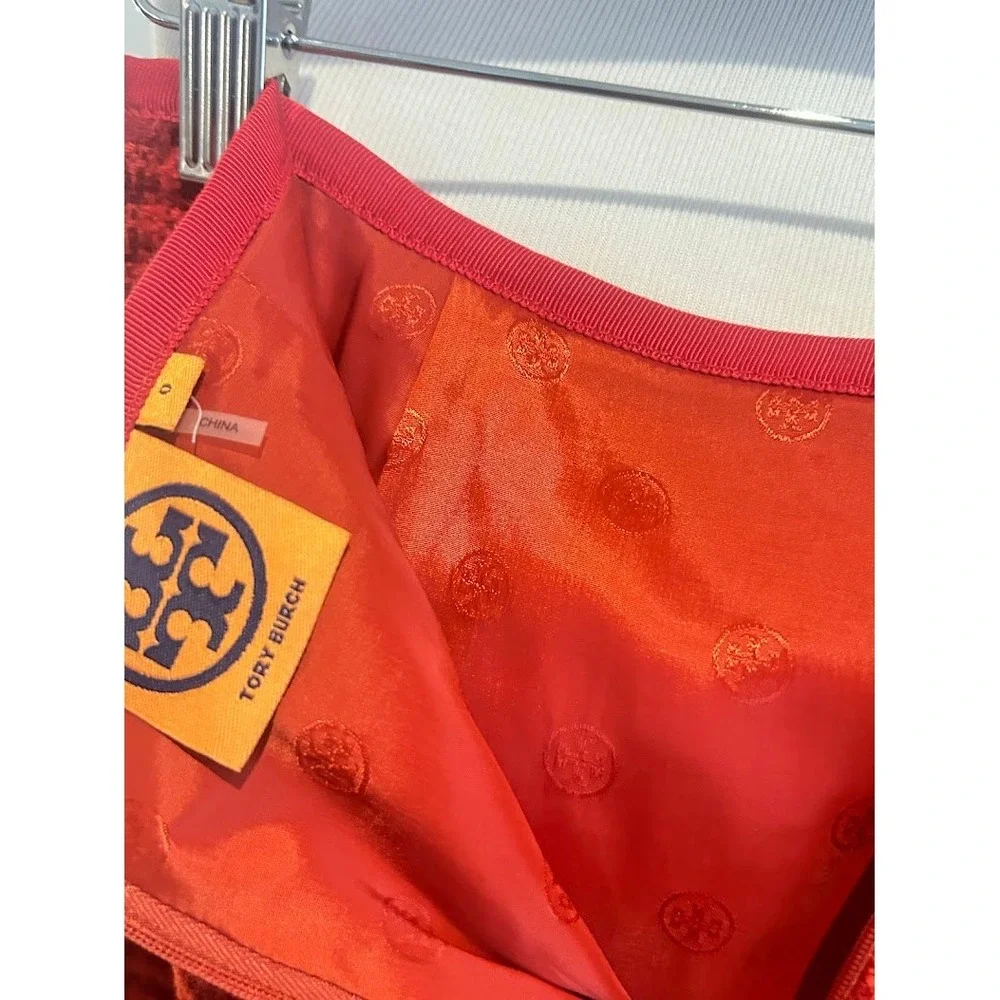 Tory Burch‎ Red Orange Textured Tweed Pencil Skirt Size 0 Gold Logo Zipper